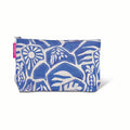 Blue cosmetic bag with white floral pattern on a white background