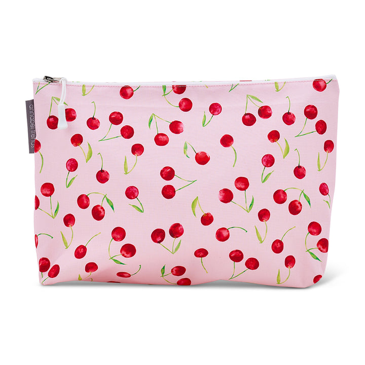 Cotton Cosmetic bag with cherry pattern on a pink background