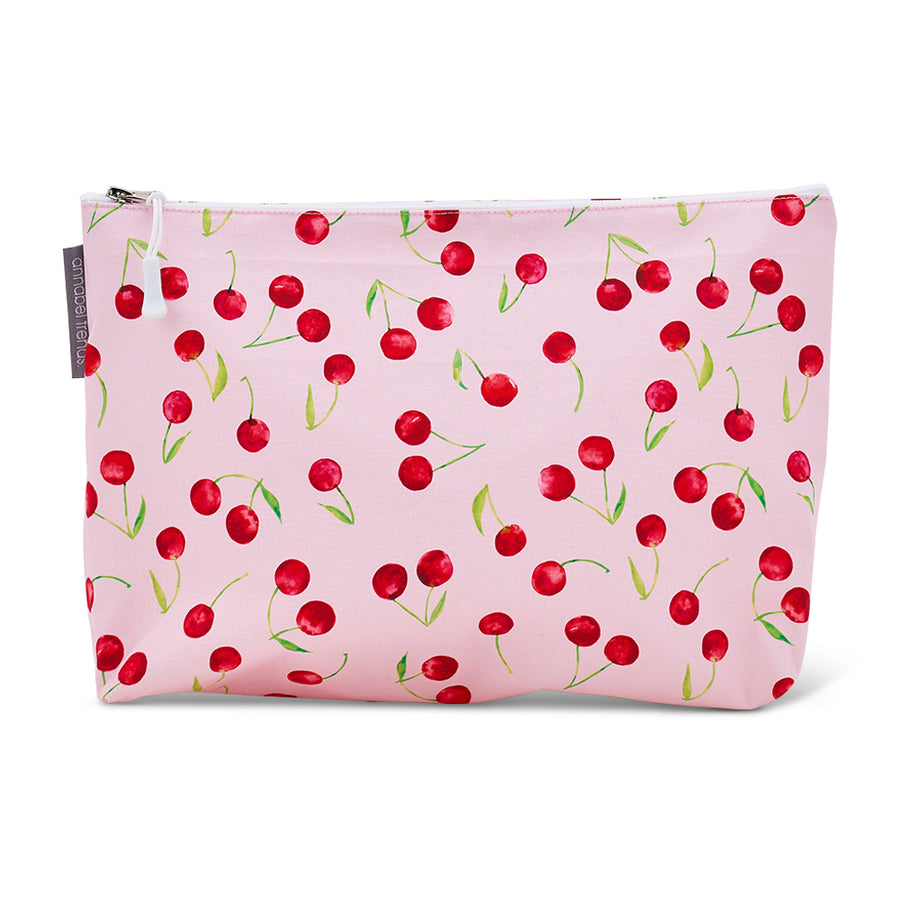 Cotton Cosmetic bag with cherry pattern on a pink background