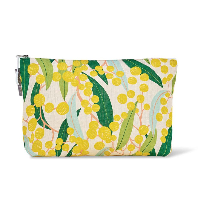 Floral patterned pouch with yellow flowers and green leaves on a white background