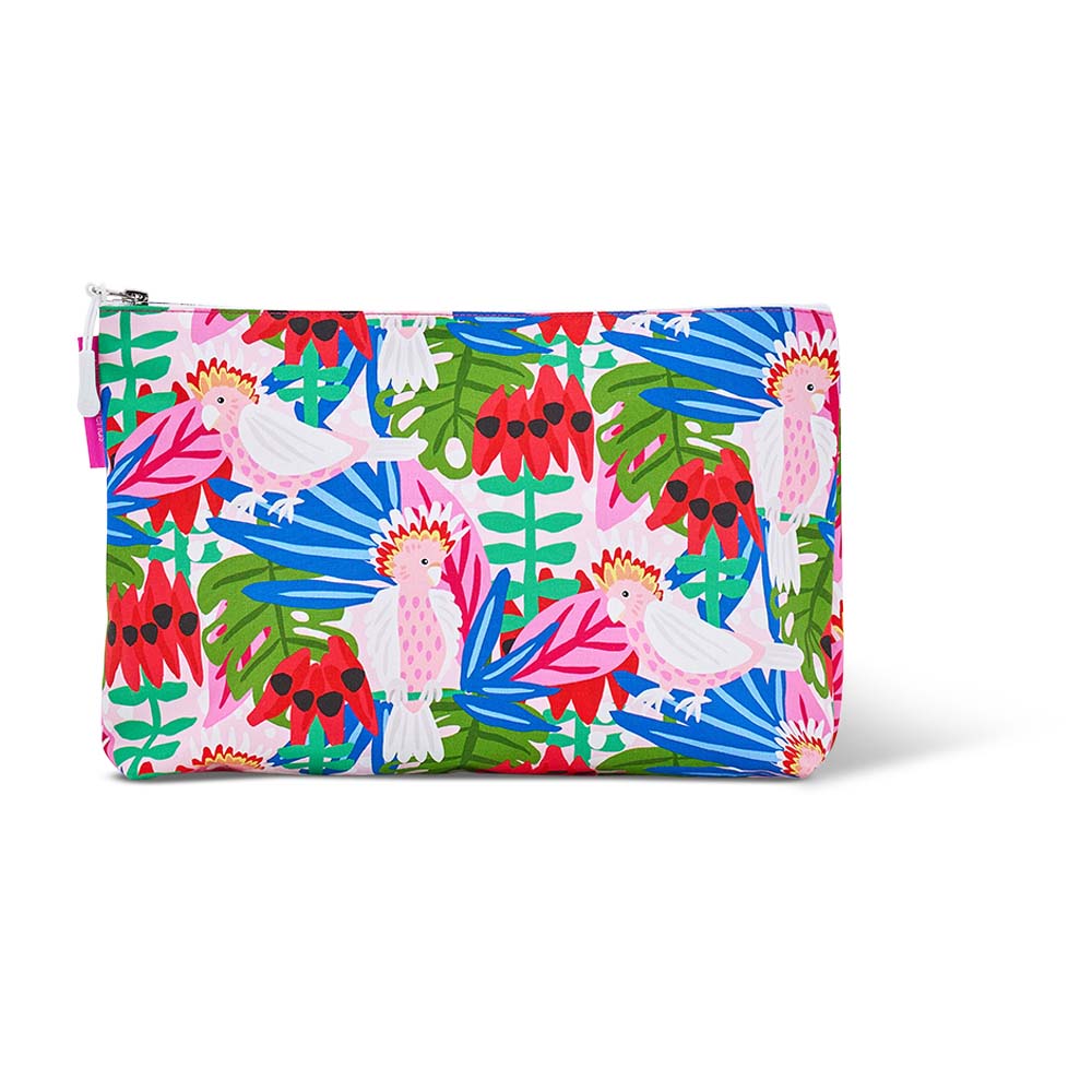 Colorful pouch with tropical bird and leaf pattern on a white background