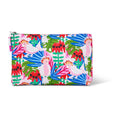 Colorful pouch with tropical bird and leaf pattern on a white background