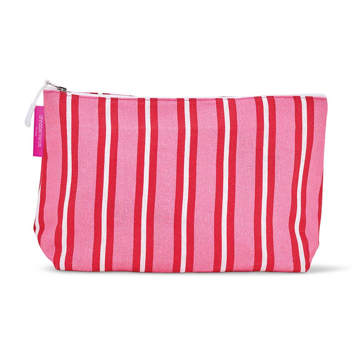Pink and red striped cosmetic bag on a white background
