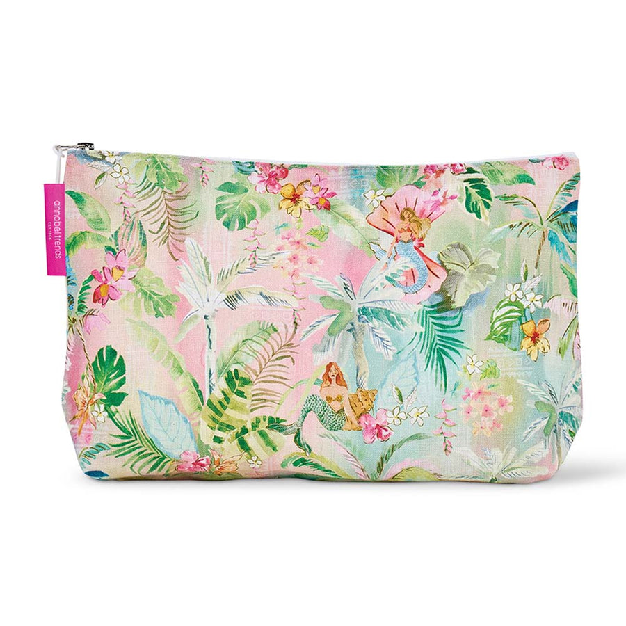 Floral and mermaid-themed cosmetic bag on a white background