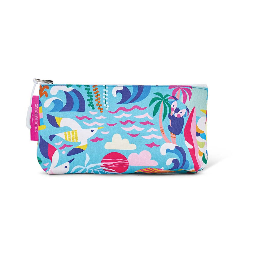 Colorful pouch with beach-themed design on a white background