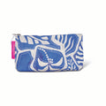 Blue and white patterned cosmetic bag on a white background