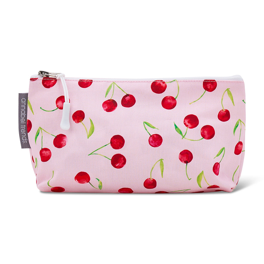 Pink cotton cosmetic bag with cherry pattern on a white background