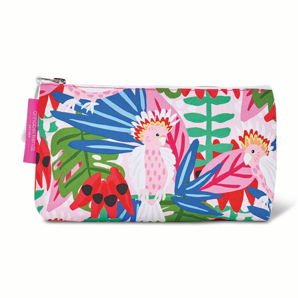 Colorful pouch with parrot and leaf design on a white background