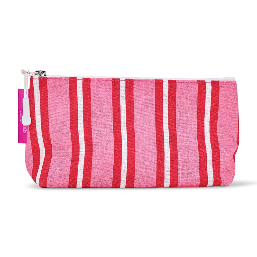 Pink and red striped cosmetic bag with a white zipper on a white background