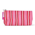Pink and red striped cosmetic bag with a white zipper on a white background