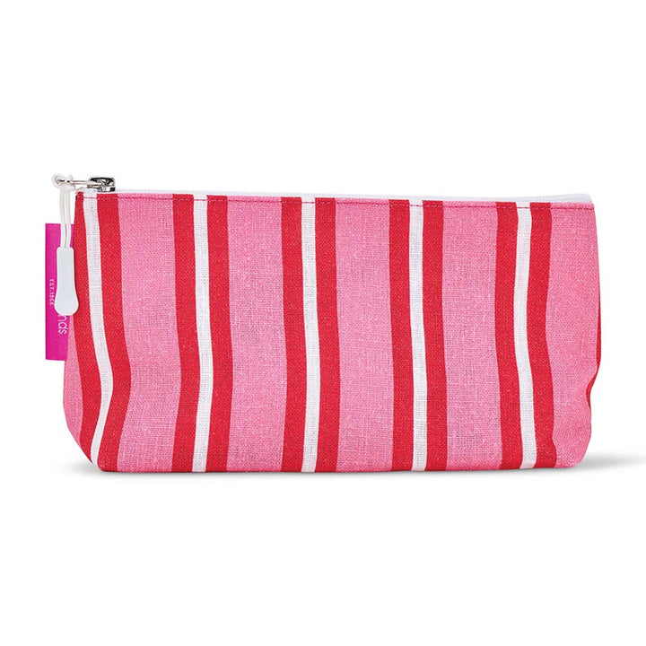 Pink and red striped cosmetic bag with a white zipper on a white background