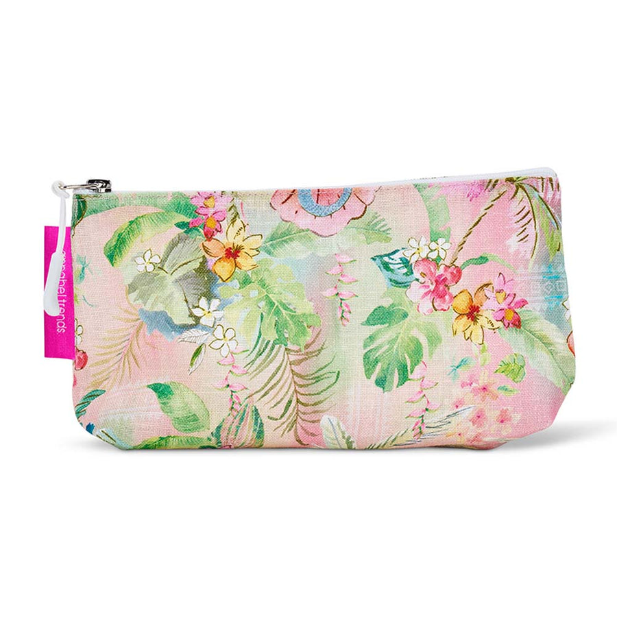Floral patterned cosmetic bag with a visible brand tag on a white background