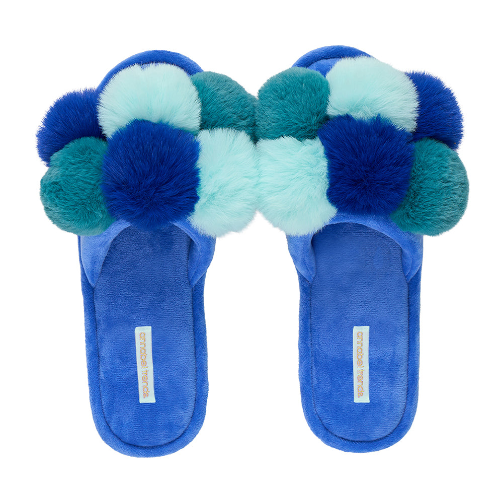 Annabel Trends pom pom slippers in Multi Blue