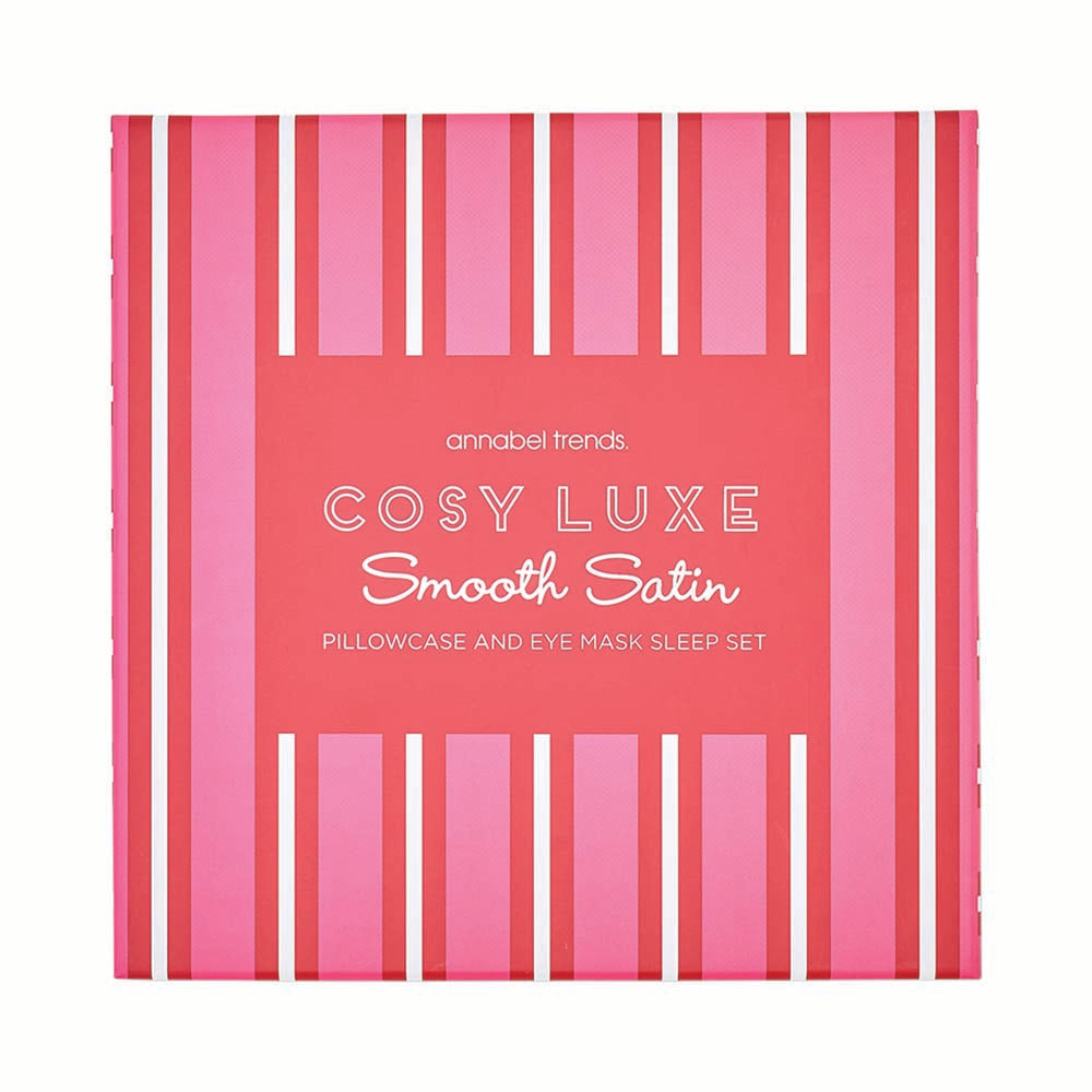 Cosy Luxe Smooth Satin pillowcase and eye mask sleep set packaging with pink and red striped design.