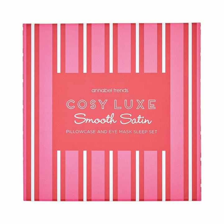 Cosy Luxe Smooth Satin pillowcase and eye mask sleep set packaging with pink and red striped design.