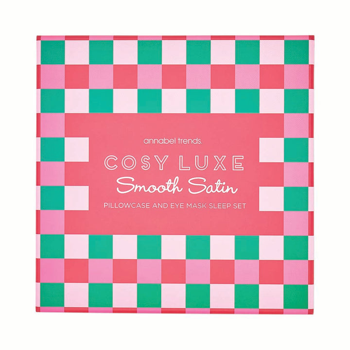 Checkered patterned packaging for a pillowcase and eye mask sleep set with 'annabel Trends' branding.
