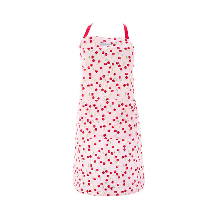 Red Cherry design on cotton apron with red and white pattern on a white background