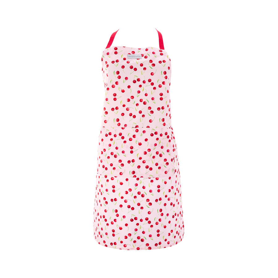 Red Cherry design on cotton apron with red and white pattern on a white background