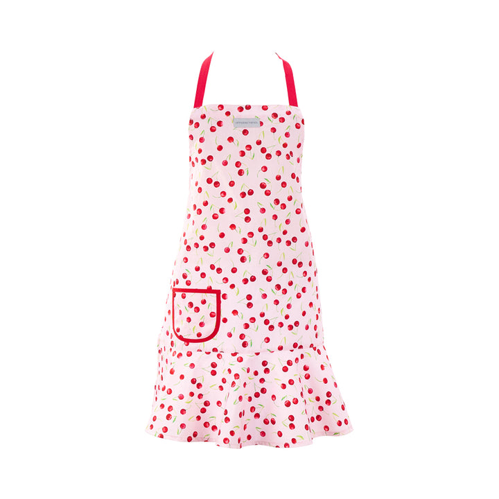 Cotton Cherrylicious Hostess Apron with red cherry design and pink background with a frill at the bottom