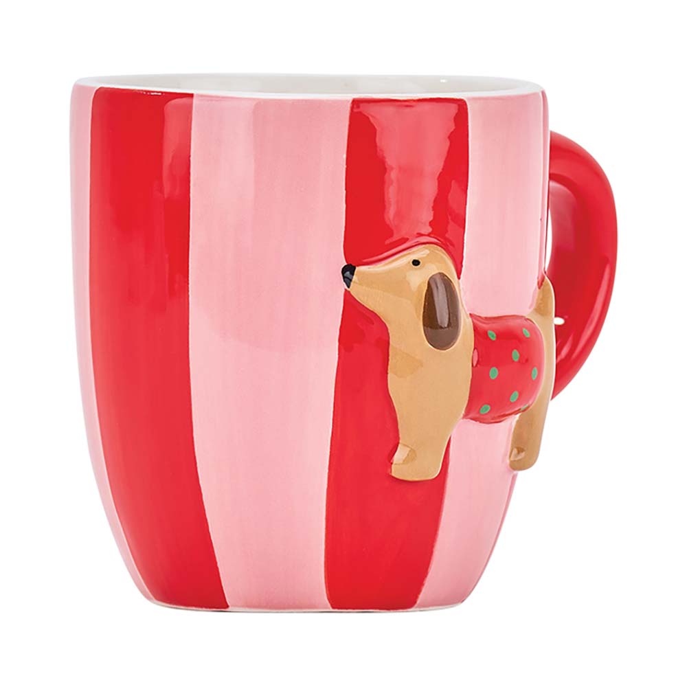 Red and pink striped mug with a dog design on a white background