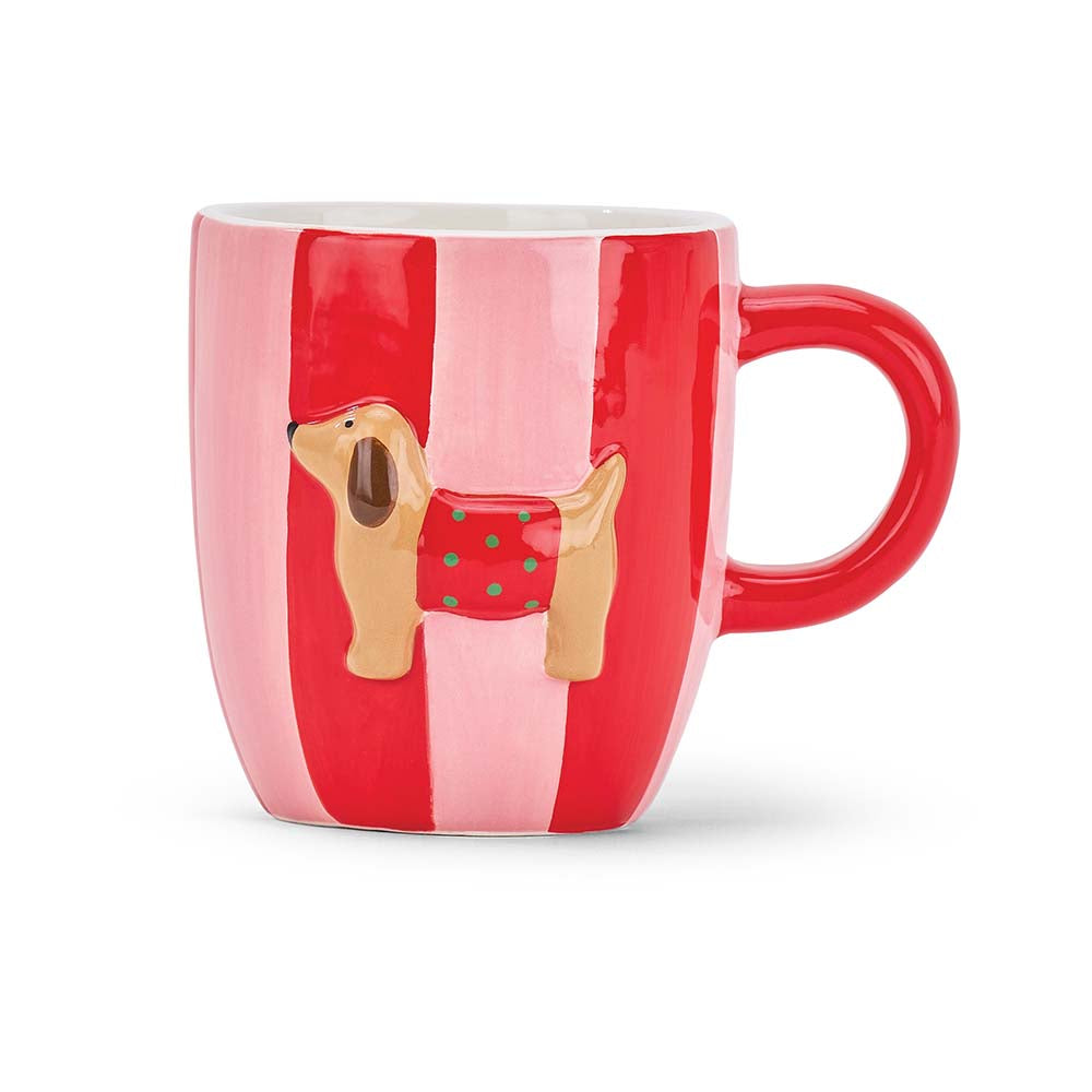 Red and pink striped mug with a dog design on a white background
