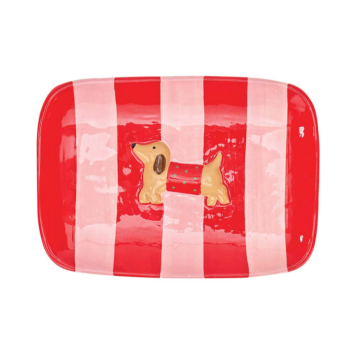 Rectangular tray with red and white striped pattern and dog illustration on a white background