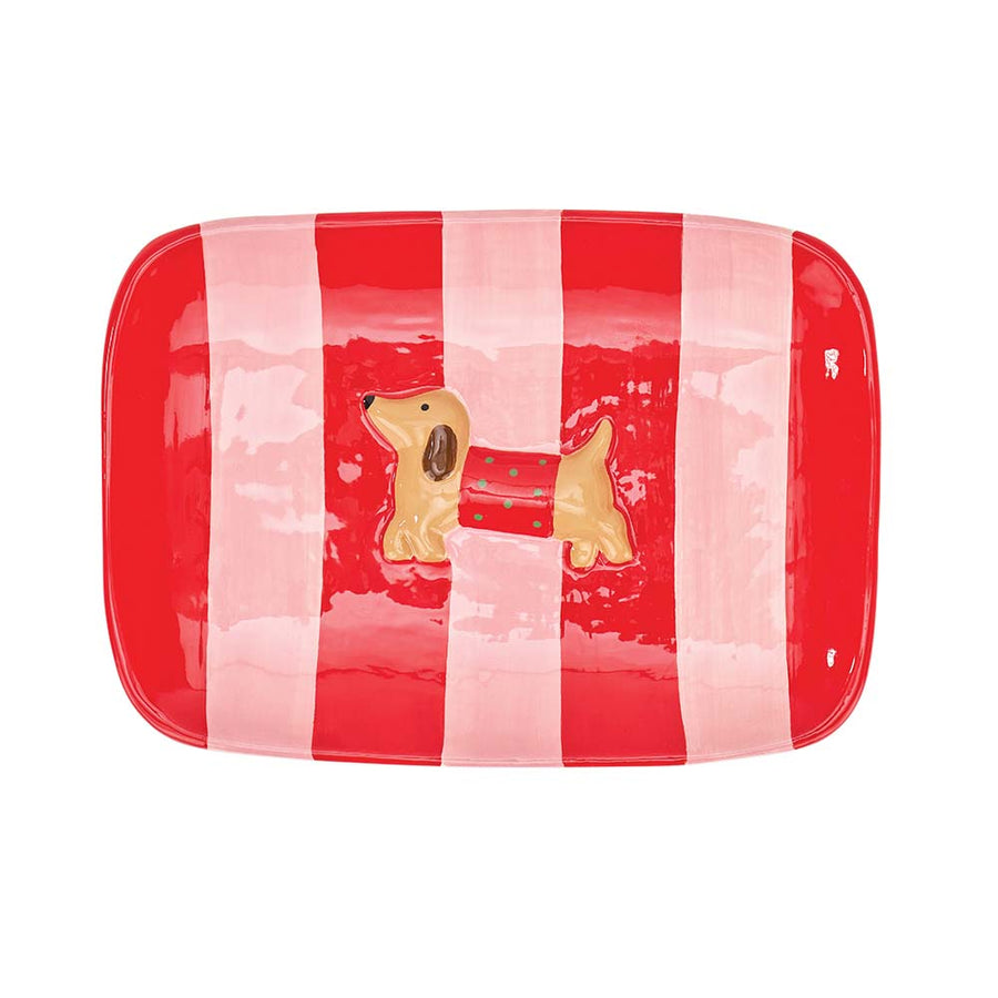 Rectangular tray with red and white striped pattern and dog illustration on a white background