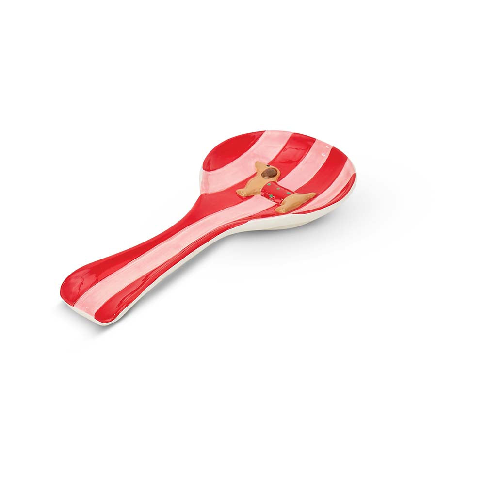 Red and white striped paddle with a central brown circle on a white background