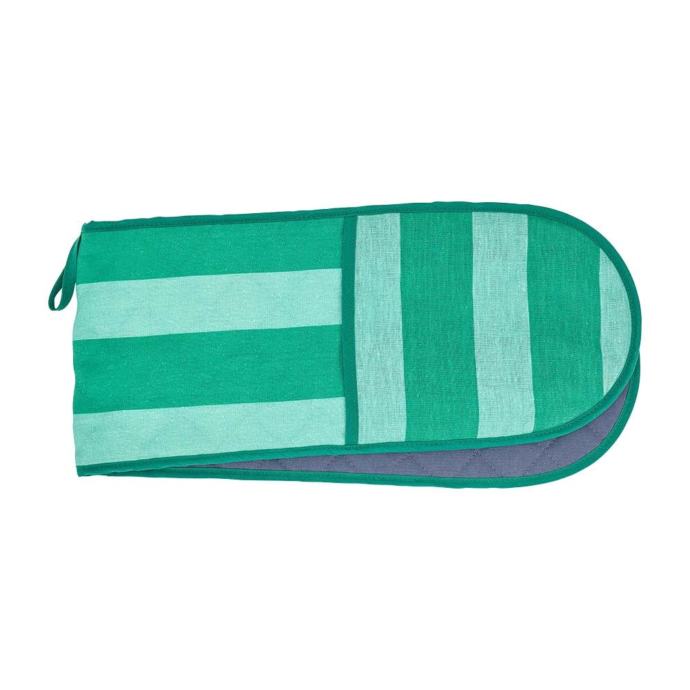 Green and green striped oven mitt on a white background