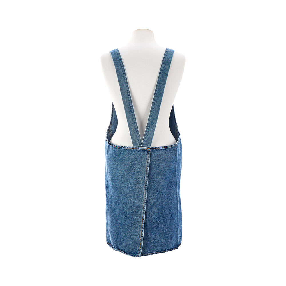 Blue denim apron on a mannequin against a white background