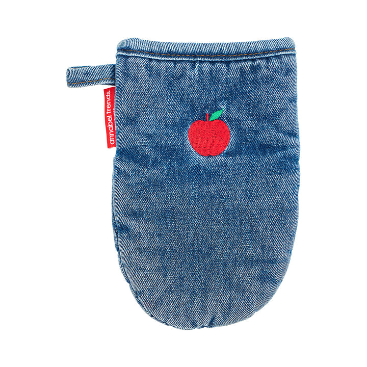 Denim mini oven mitt with embroidered apple application