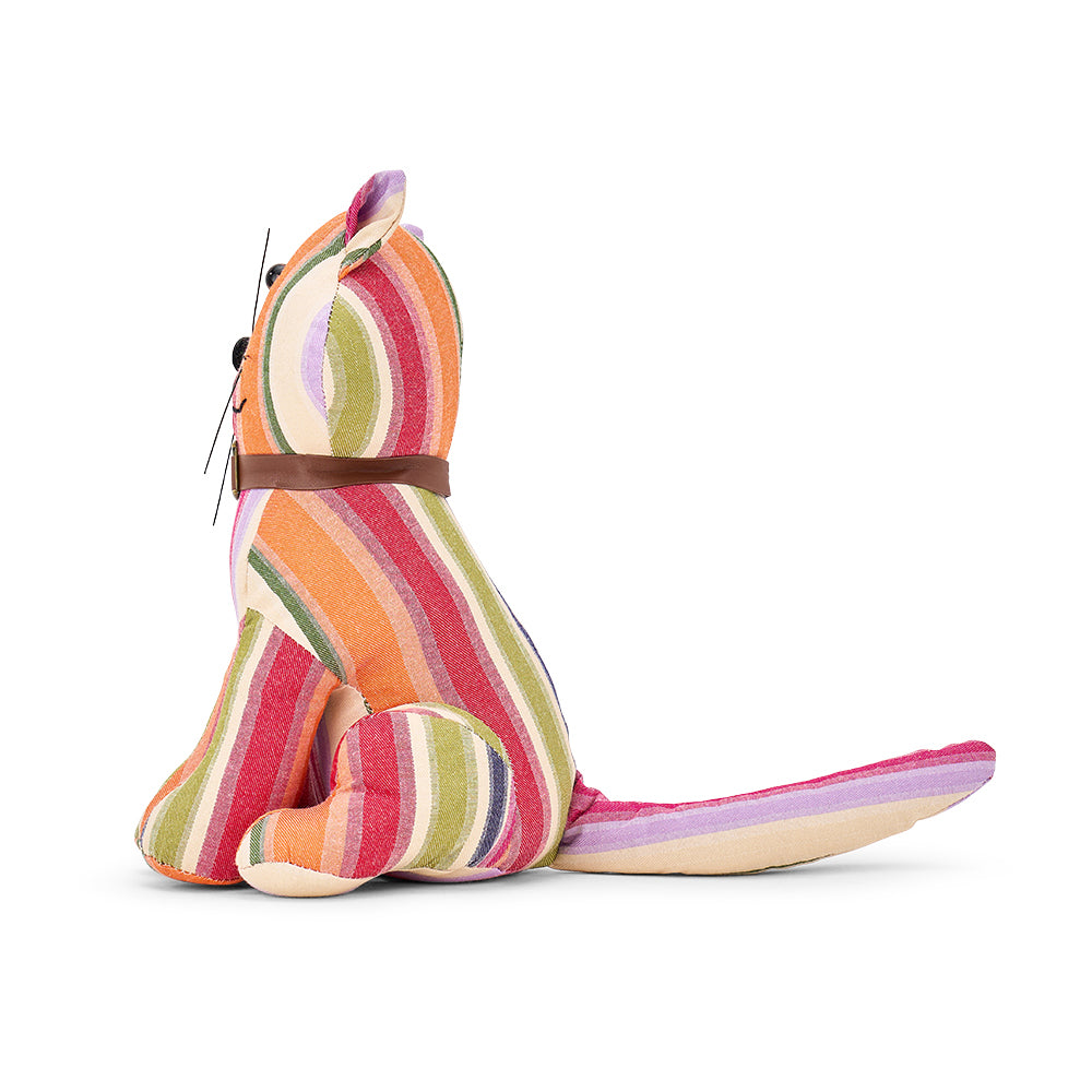 Colorful striped cat-shaped plush doorstop on a white background