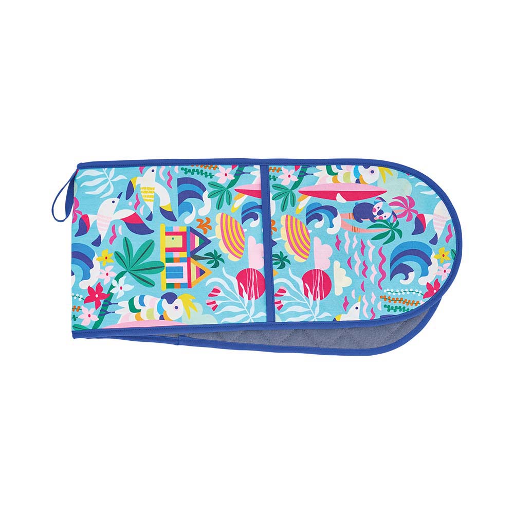 Colorful double oven mitt with a tropical pattern on a white background