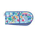 Colorful double oven mitt with a tropical pattern on a white background