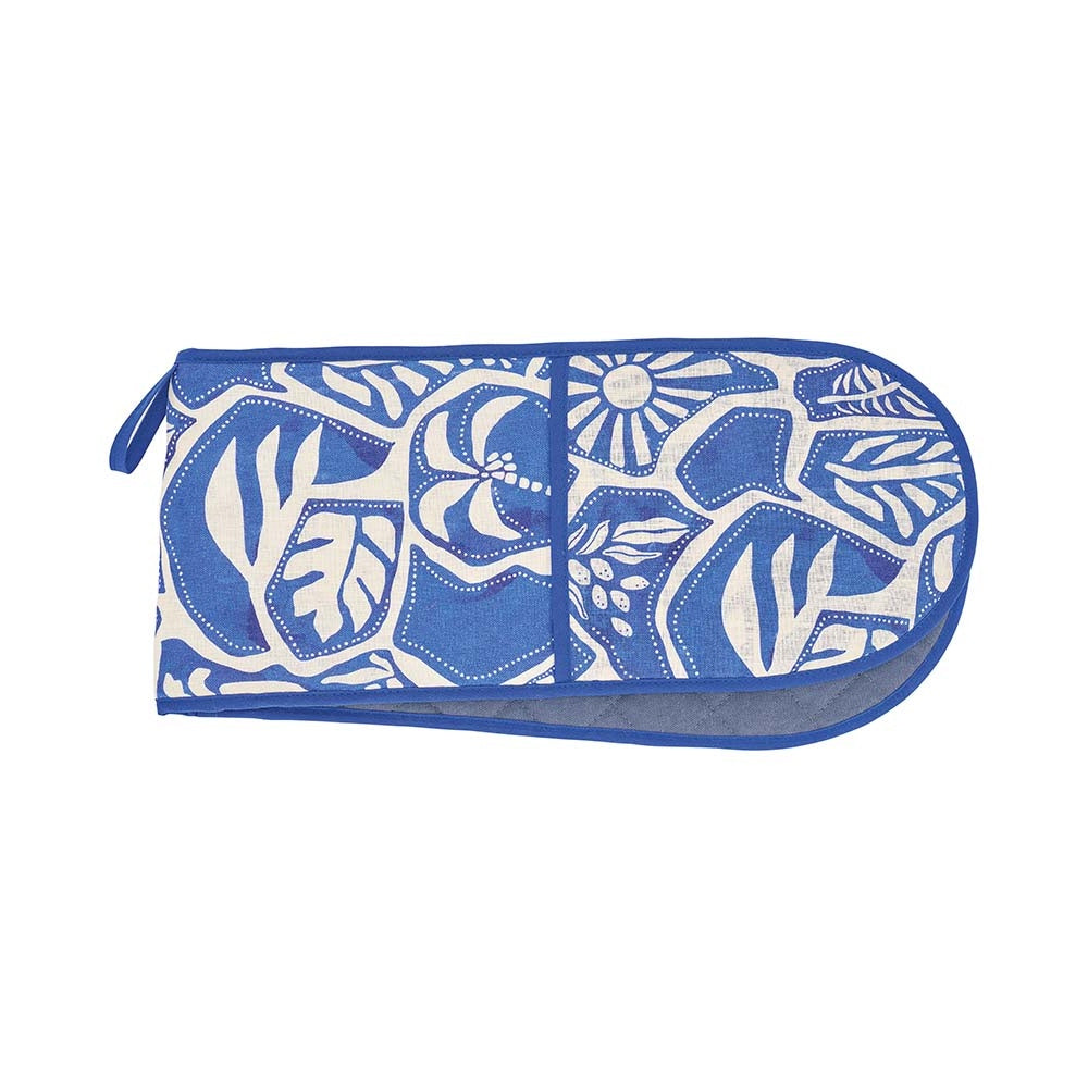Blue and white patterned pouch on a white background