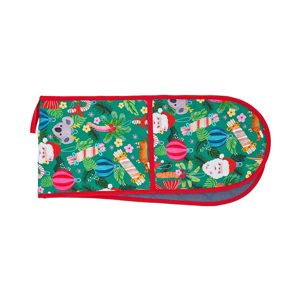 green christmas print on double oven mitt