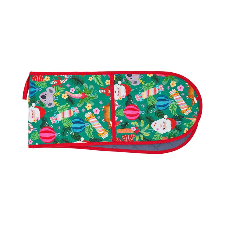 green christmas print on double oven mitt