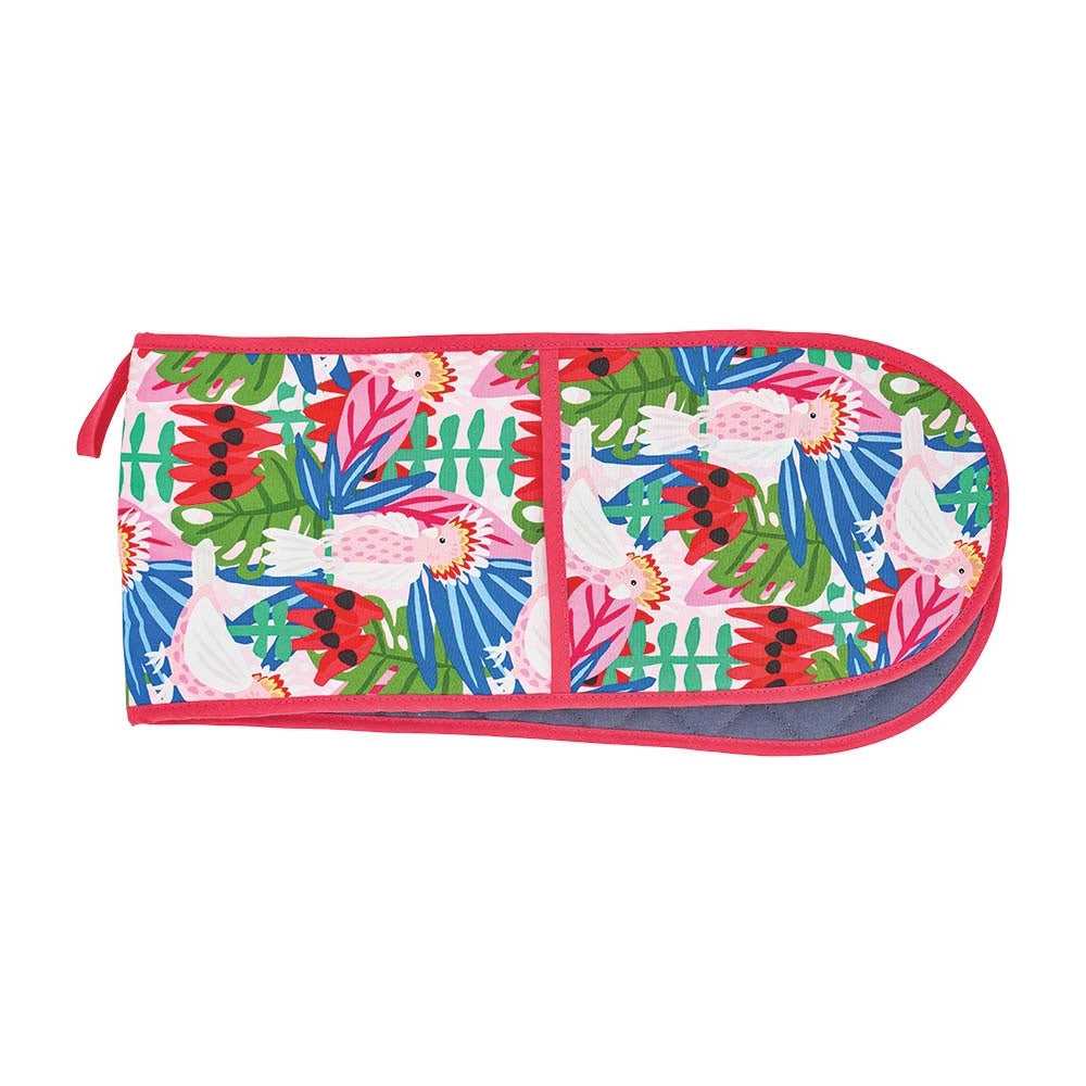 Double oven mitt with colorful tropical bird and leaf pattern on a white background