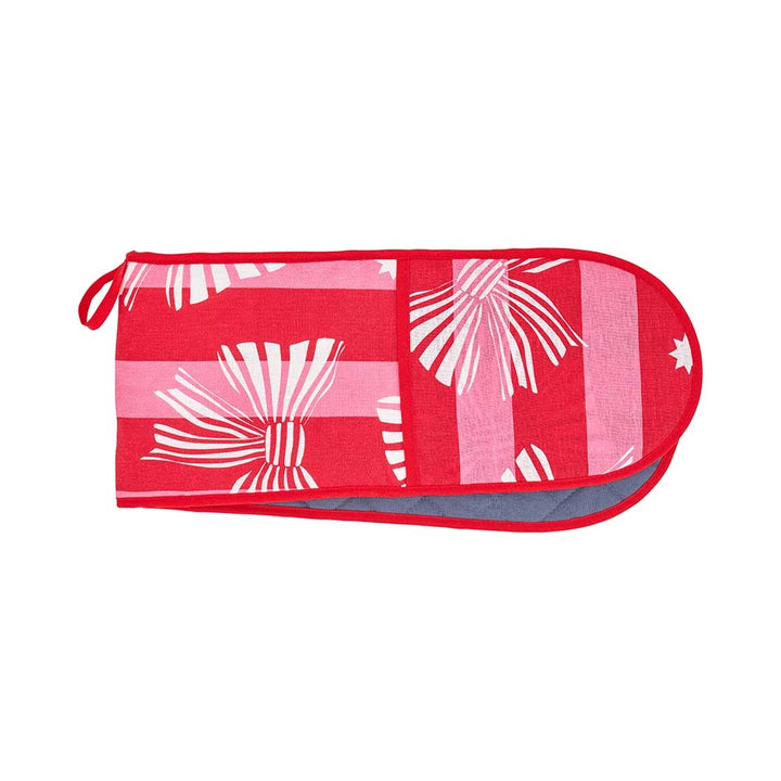 Red stripe oven mitt with white bow pattern on a white background