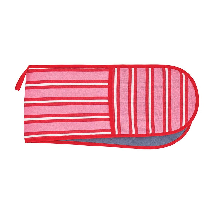 Red and pink striped oven mitt on a white background