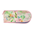 Floral-patterned pouch with a pink border on a white background