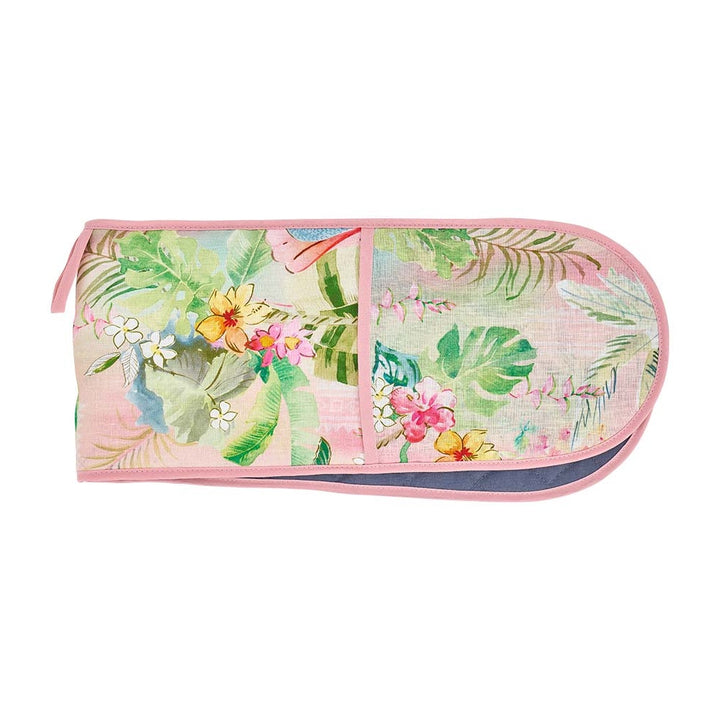 Floral-patterned pouch with a pink border on a white background