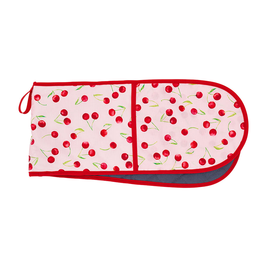 Oven mitt with cherry pattern on a white background