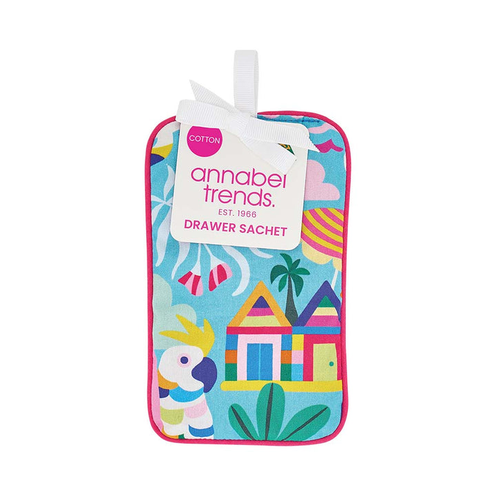 Colorful drawer sachet with tropical design and 'annabel Trends' branding on a white background