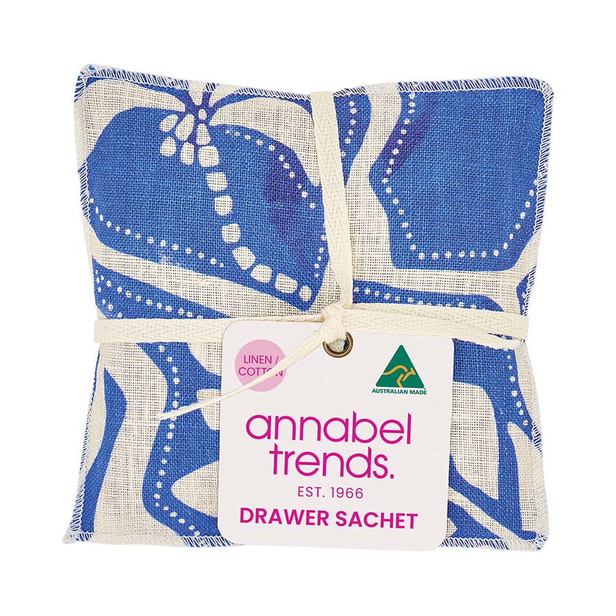 Packaged drawer sachet with blue and white pattern and 'annabel trends' label on a white background