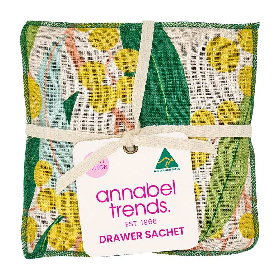 Fabric drawer sachet with floral design and 'annabel Trends' tag on a white background
