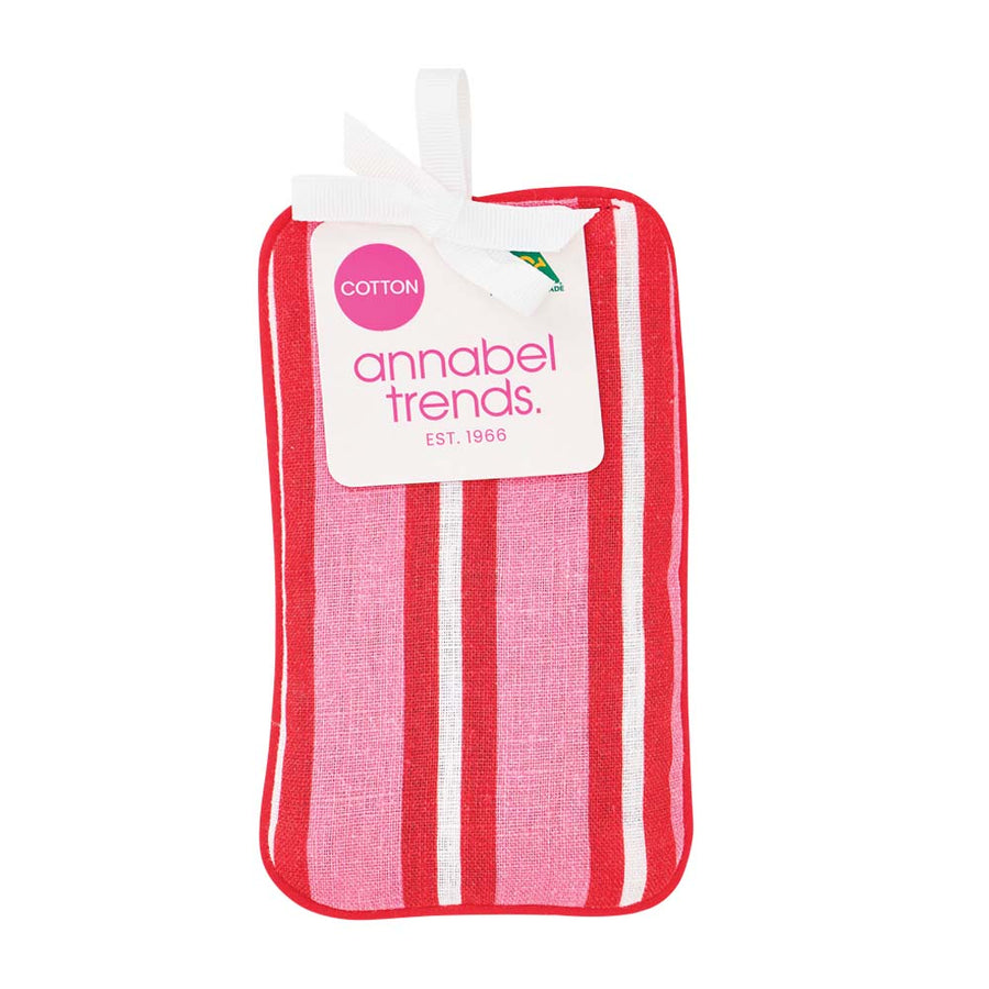 Red and pink striped pouch with 'annabel trends' label on a white background