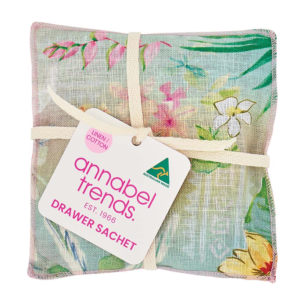 Floral drawer sachet with 'annabel trends' label on a white background
