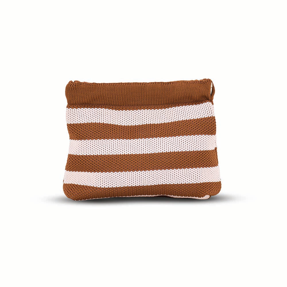 Knitted pouch with brown and white stripes on a white background