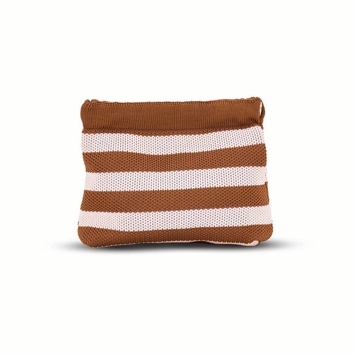Knitted pouch with brown and white stripes on a white background